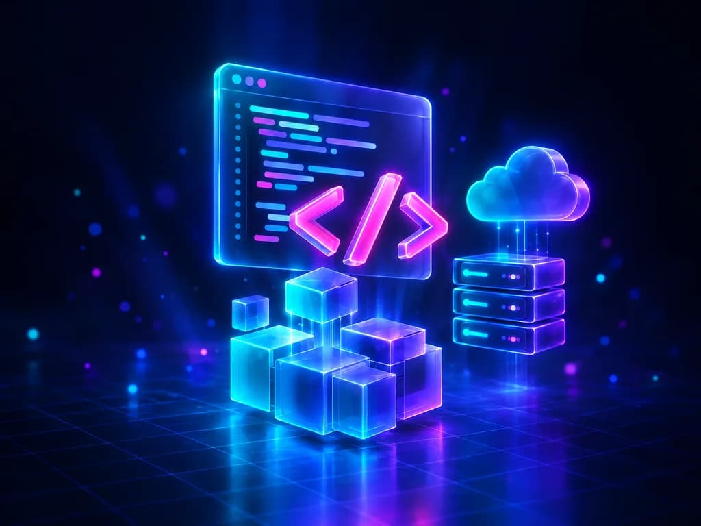 Code editor with building blocks, a server stack and cloud