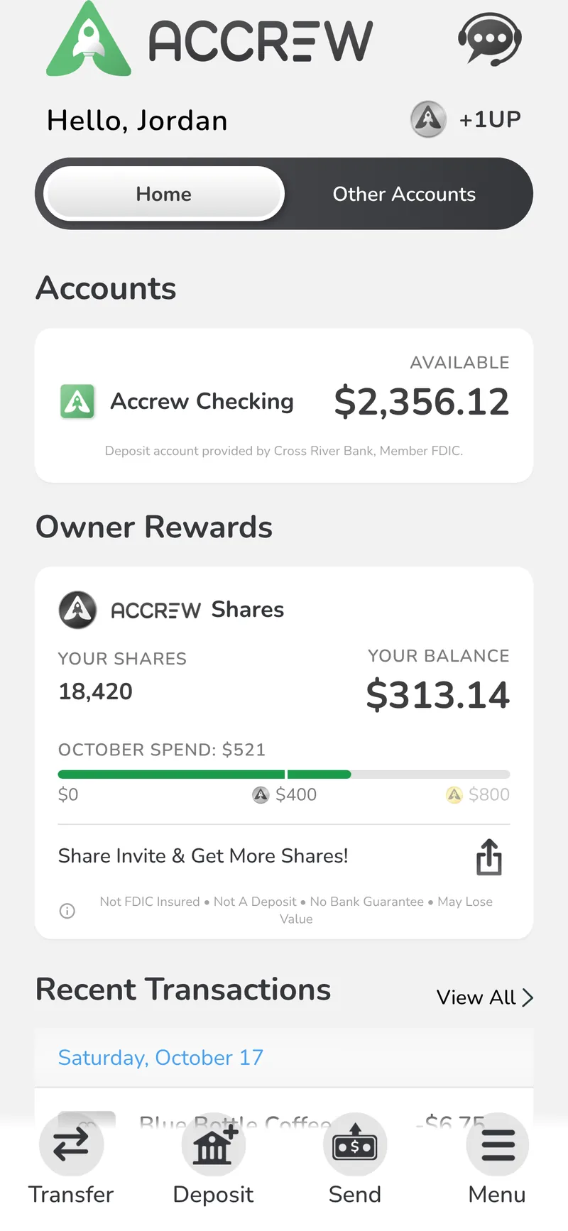 Fintech Banking App (iOS & Android) — Home screen